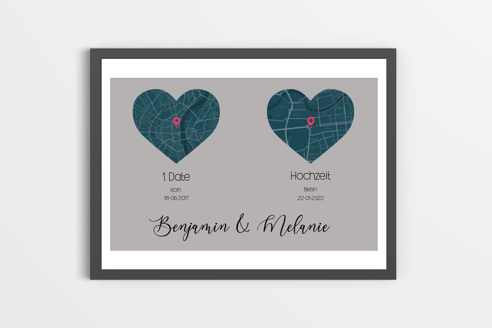 Personalisierte Karten mit zwei Orten • Herzdesign • Geschenk zur Hochzeit oder zum Kennenlernen mit Namen und Datum