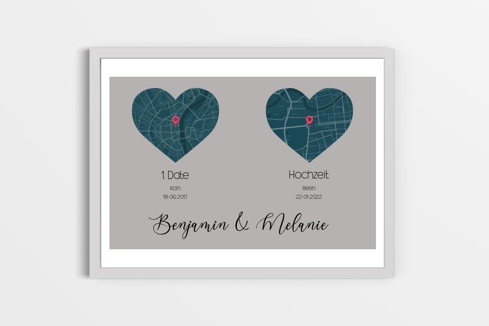 Personalisierte Karten mit zwei Orten • Herzdesign • Geschenk zur Hochzeit oder zum Kennenlernen mit Namen und Datum