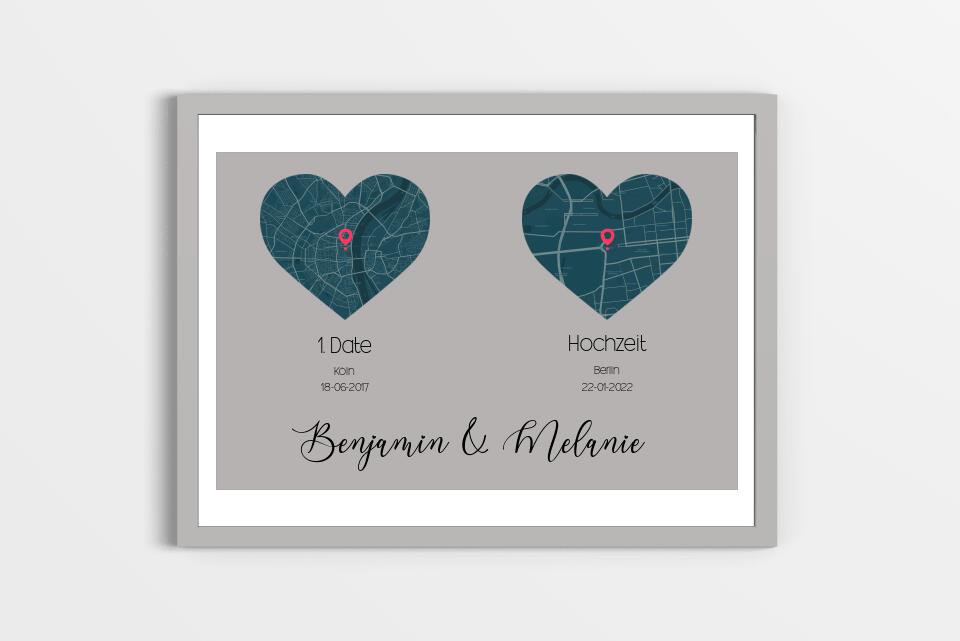 Personalisierte Karten mit zwei Orten • Herzdesign • Geschenk zur Hochzeit oder zum Kennenlernen mit Namen und Datum