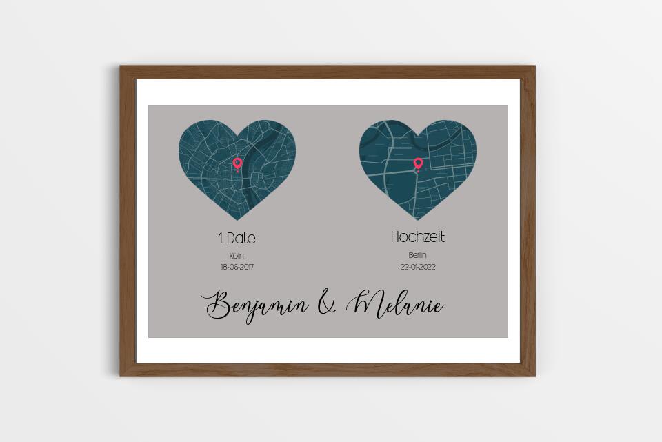 Personalisierte Karten mit zwei Orten • Herzdesign • Geschenk zur Hochzeit oder zum Kennenlernen mit Namen und Datum