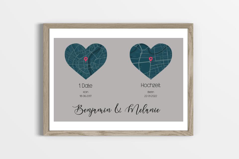 Personalisierte Karten mit zwei Orten • Herzdesign • Geschenk zur Hochzeit oder zum Kennenlernen mit Namen und Datum