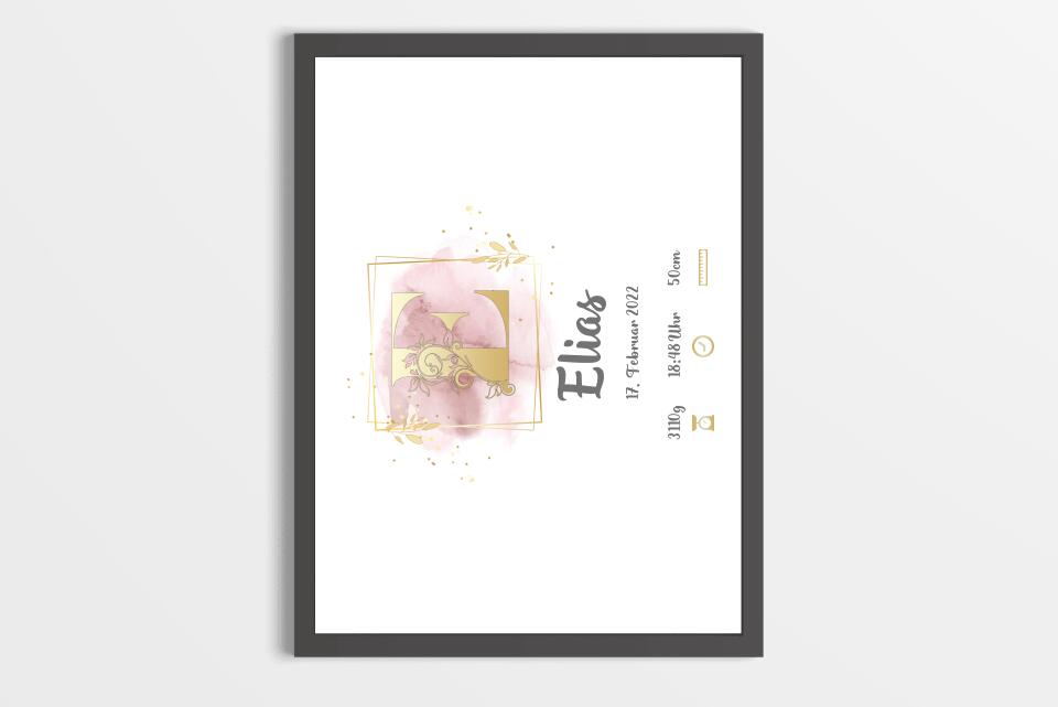 Individuelles Babybild mit Initiale • Name, Datum, Gewicht & Größe • Personalisiertes Geschenk zur Geburt