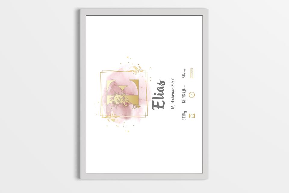 Individuelles Babybild mit Initiale • Name, Datum, Gewicht & Größe • Personalisiertes Geschenk zur Geburt