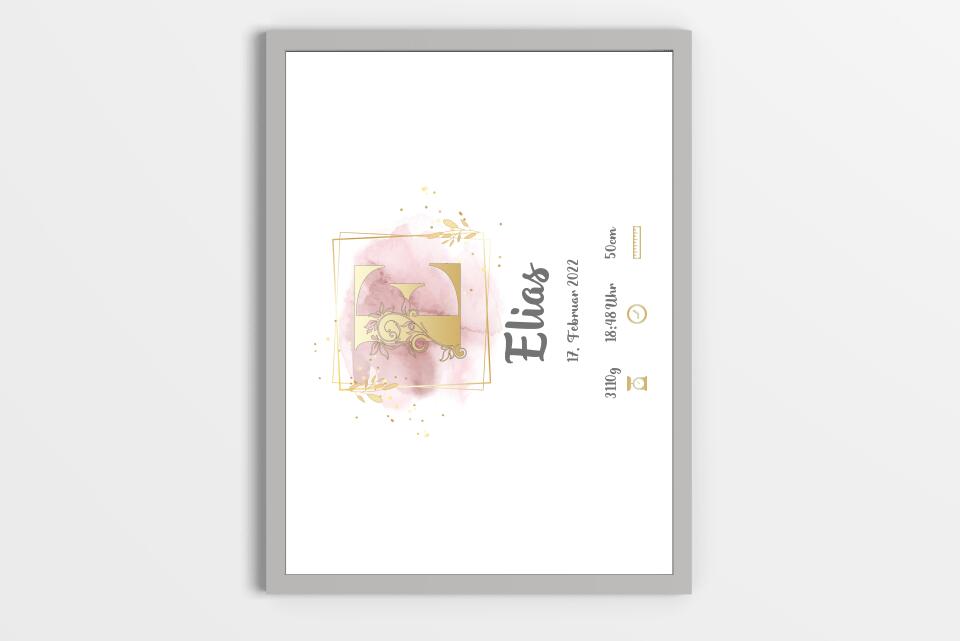 Individuelles Babybild mit Initiale • Name, Datum, Gewicht & Größe • Personalisiertes Geschenk zur Geburt