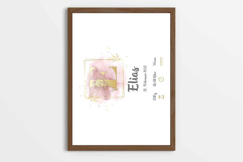 Individuelles Babybild mit Initiale • Name, Datum, Gewicht & Größe • Personalisiertes Geschenk zur Geburt