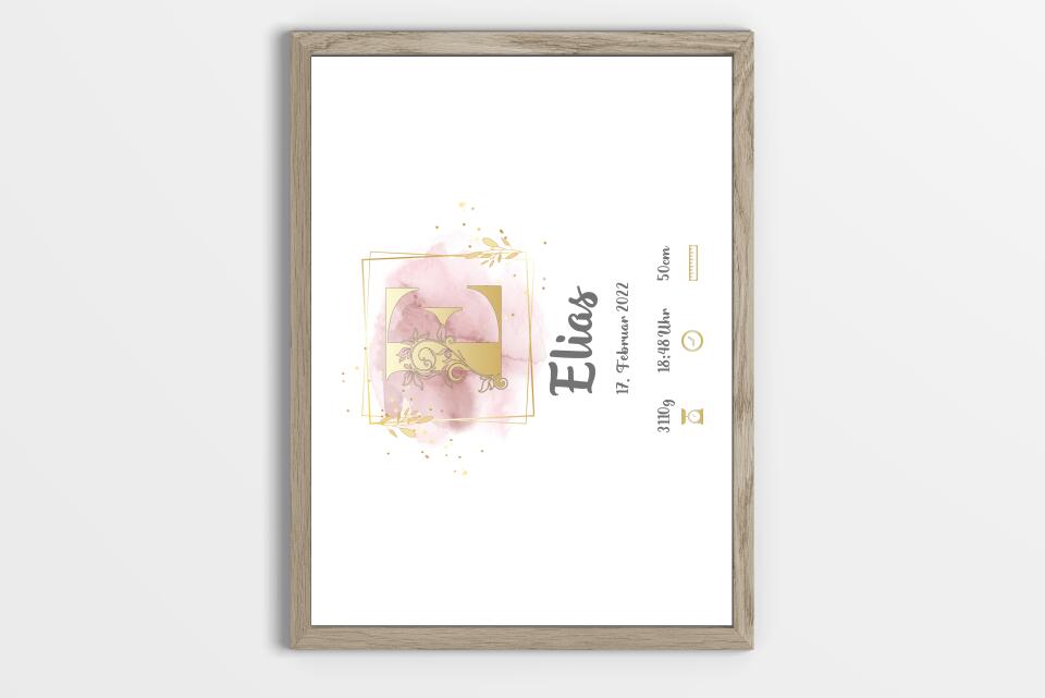 Individuelles Babybild mit Initiale • Name, Datum, Gewicht & Größe • Personalisiertes Geschenk zur Geburt