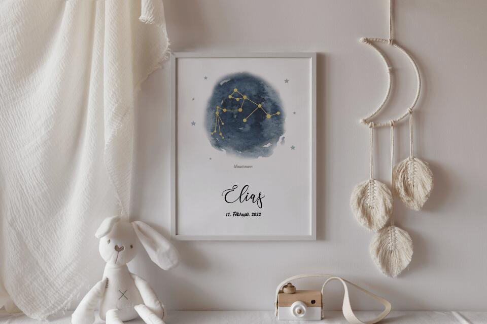 Personalisiertes Sternzeichen Bild zur Geburt • Sternbild Poster mit Name und Datum • Geschenk fürs Baby und moderne Kinderzimmer Deko