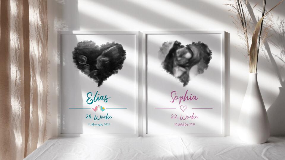 Ultraschall Bild personalisiert • Baby Andenken mit Foto in Herzform • Name und Datum • Geschenk für werdende Eltern