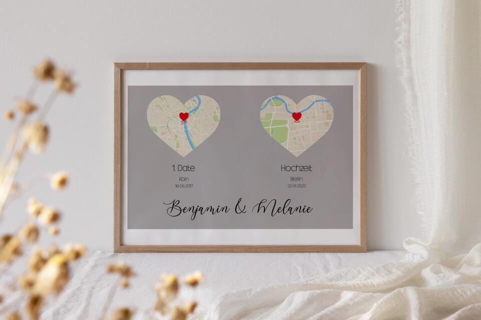Personalisierte Karten mit zwei Orten • Herzdesign • Geschenk zur Hochzeit oder zum Kennenlernen mit Namen und Datum