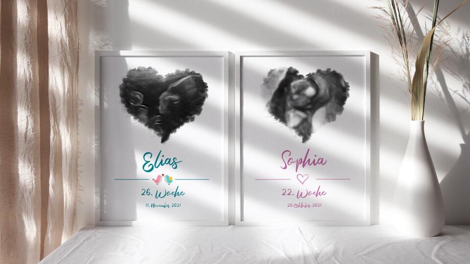 Ultraschall Bild personalisiert • Baby Andenken mit Foto in Herzform • Name und Datum • Geschenk für werdende Eltern