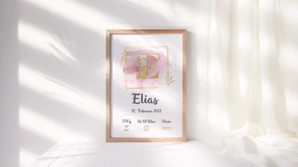 Individuelles Babybild mit Initiale • Name, Datum, Gewicht & Größe • Personalisiertes Geschenk zur Geburt