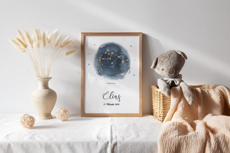 Personalisiertes Sternzeichen Bild zur Geburt • Sternbild Poster mit Name und Datum • Geschenk fürs Baby und moderne Kinderzimmer Deko