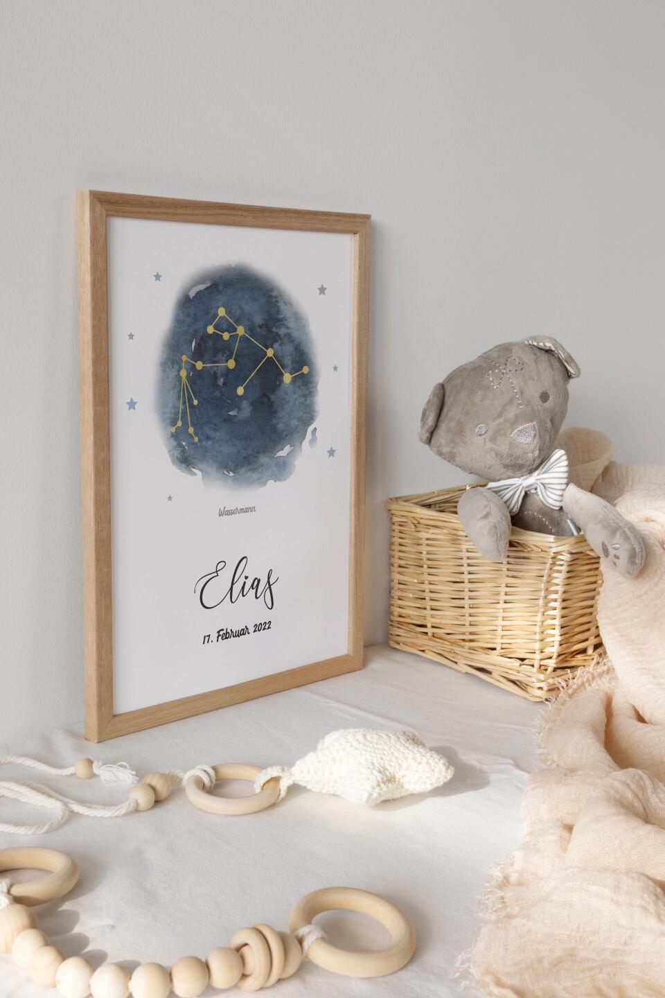 Personalisiertes Sternzeichen Bild zur Geburt • Sternbild Poster mit Name und Datum • Geschenk fürs Baby und moderne Kinderzimmer Deko