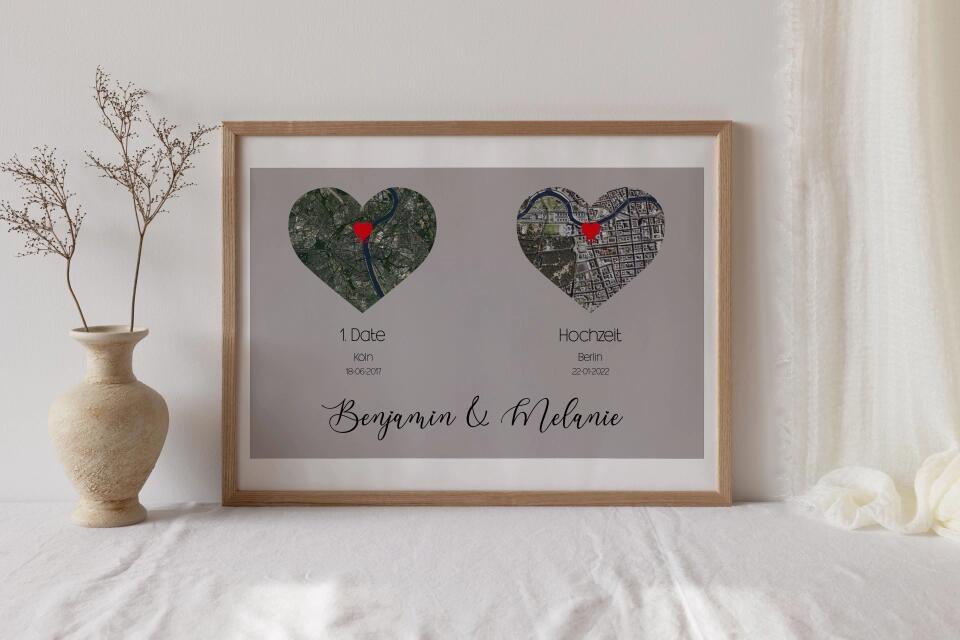 Personalisierte Karten mit zwei Orten • Herzdesign • Geschenk zur Hochzeit oder zum Kennenlernen mit Namen und Datum