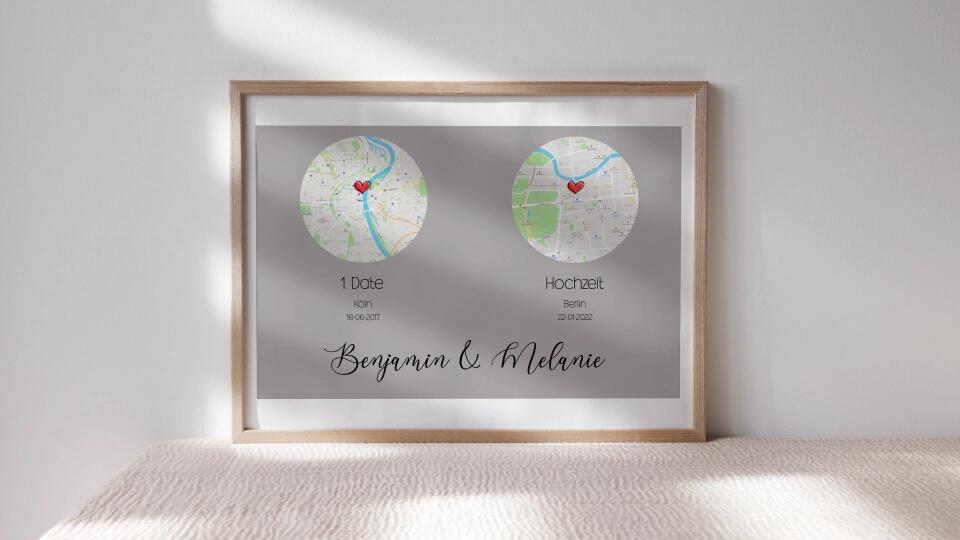 Personalisierte Karten mit zwei Orten • Herzdesign • Geschenk zur Hochzeit oder zum Kennenlernen mit Namen und Datum