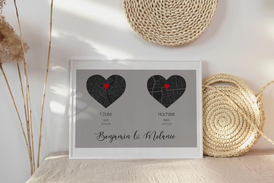 Personalisierte Karten mit zwei Orten • Herzdesign • Geschenk zur Hochzeit oder zum Kennenlernen mit Namen und Datum