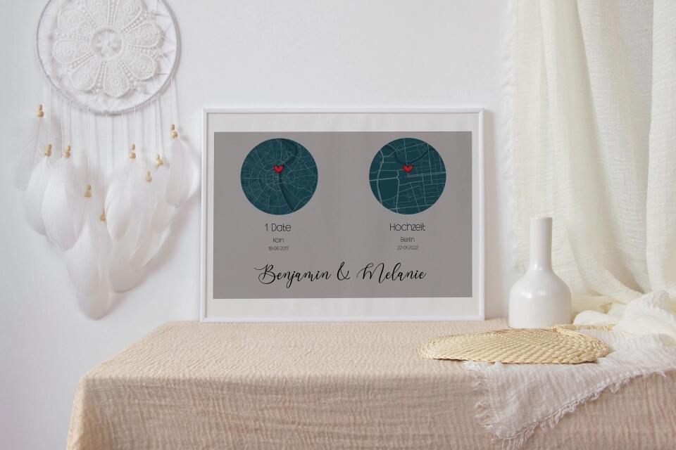 Personalisierte Karten mit zwei Orten • Herzdesign • Geschenk zur Hochzeit oder zum Kennenlernen mit Namen und Datum