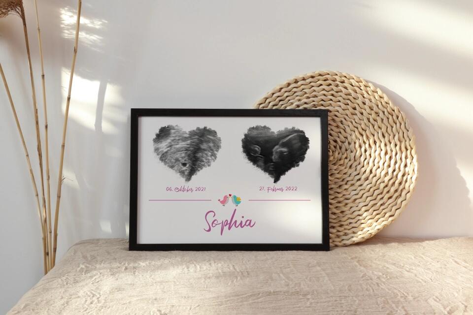 Ultraschall Poster Herz mit 2 Bildern • Personalisiertes Babybild mit Name, Datum • Geschenk zur Schwangerschaft oder Geburt