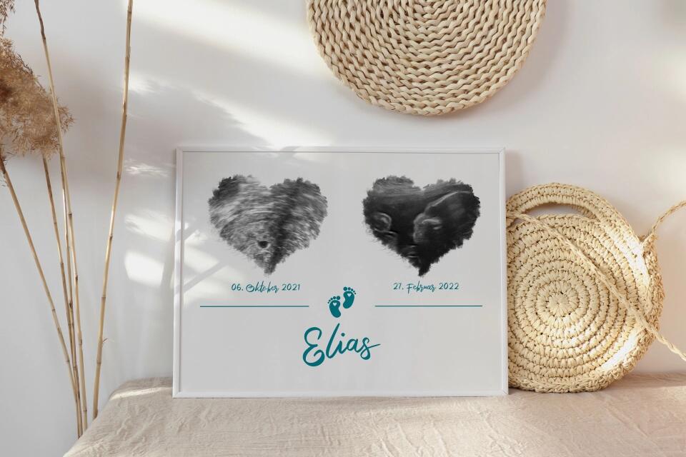Ultraschall Poster Herz mit 2 Bildern • Personalisiertes Babybild mit Name, Datum • Geschenk zur Schwangerschaft oder Geburt