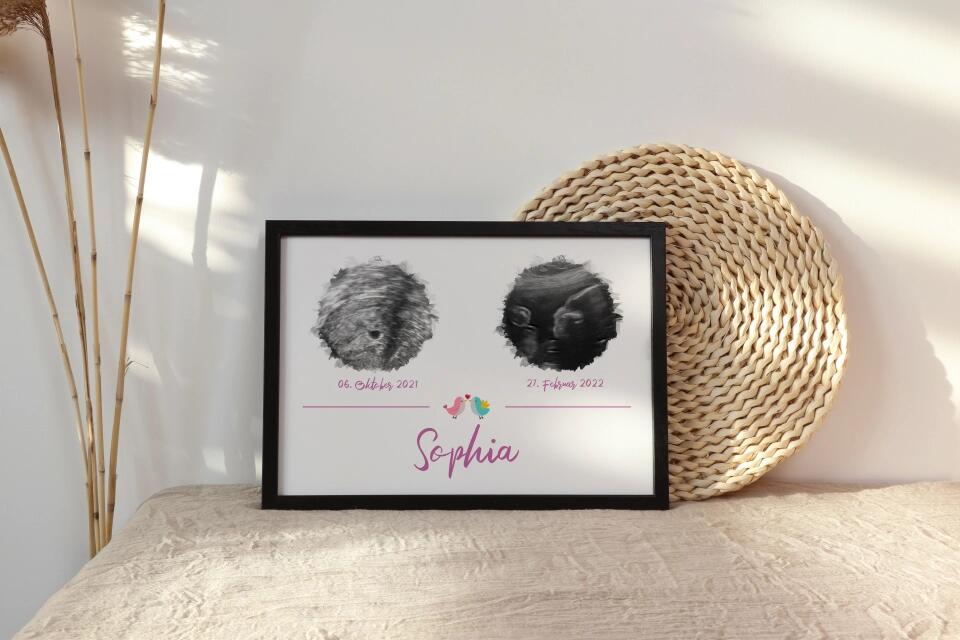 Personalisiertes Ultraschall Geschenk • Poster mit 2 Babybildern • Erinnerung an Schwangerschaft & Babyglück