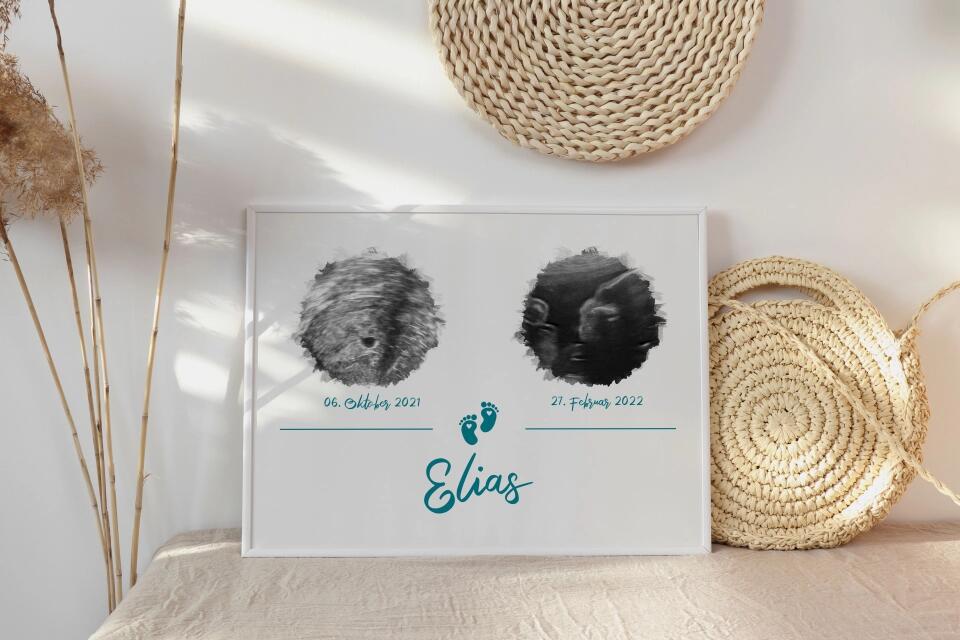 Personalisiertes Ultraschall Geschenk • Poster mit 2 Babybildern • Erinnerung an Schwangerschaft & Babyglück