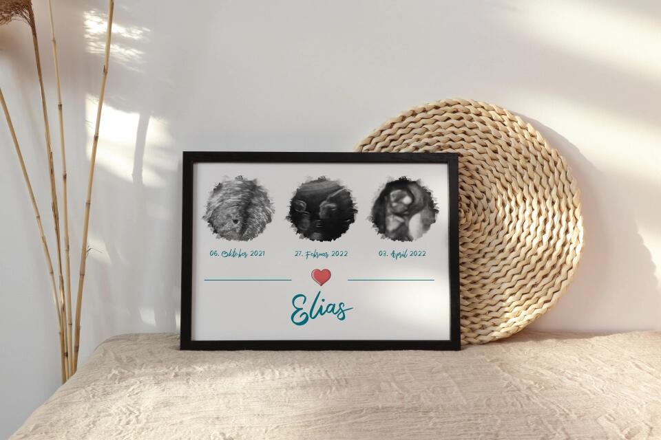 Ultraschall Geschenk mit 3 Bildern • Personalisiertes Baby Erinnerungsbild mit Name und Datum • Schwangerschafts Erinnerung Poster