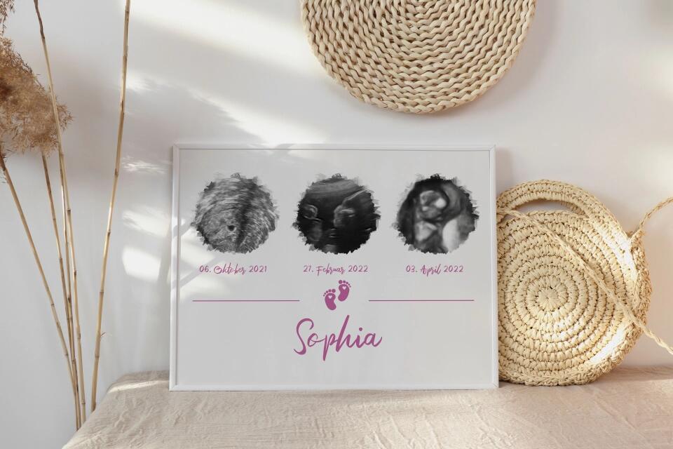 Ultraschall Geschenk mit 3 Bildern • Personalisiertes Baby Erinnerungsbild mit Name und Datum • Schwangerschafts Erinnerung Poster