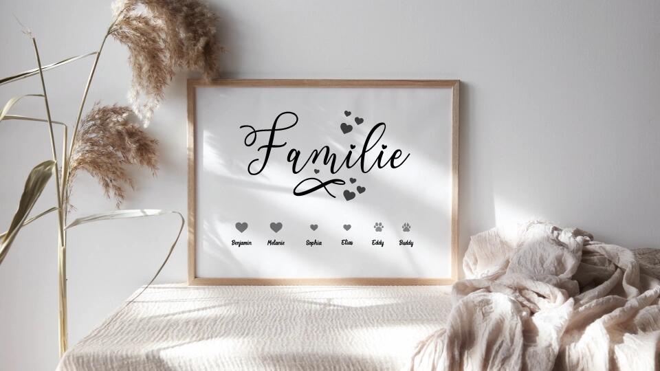Personalisiertes Familienbild mit Herz und Namen • Hund und Katze • Geschenk für Familie • Individuelles Familienposter Haustier