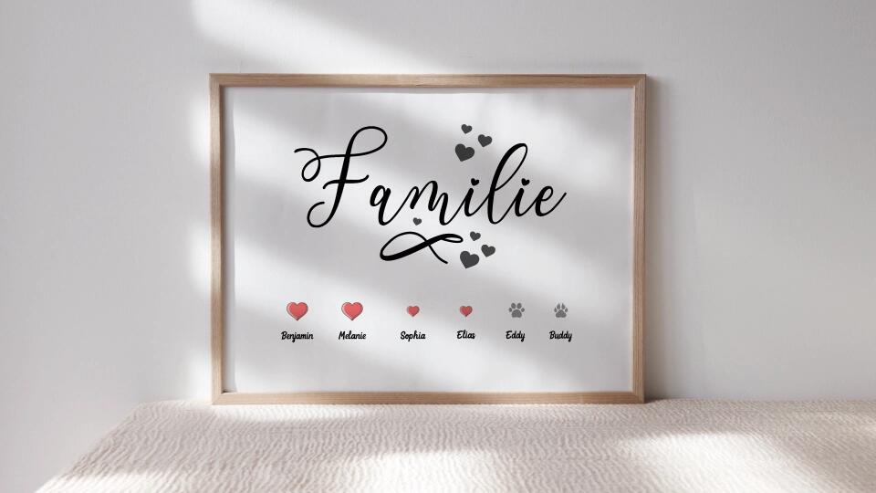 Personalisiertes Familienbild mit Herz und Namen • Hund und Katze • Geschenk für Familie • Individuelles Familienposter Haustier