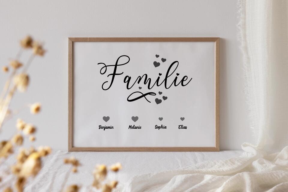 Personalisiertes Familienbild mit Herz und Namen • Hund und Katze • Geschenk für Familie • Individuelles Familienposter Haustier