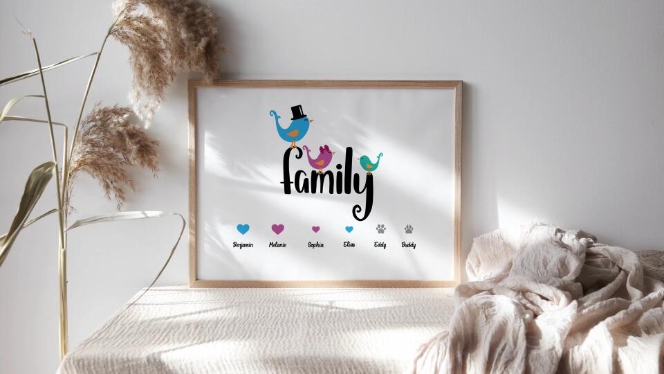 Personalisiertes Familienbild "Family" mit Herz • Mit Namen, Hund & Katze • Geschenk für Familie und Haustierliebhaber