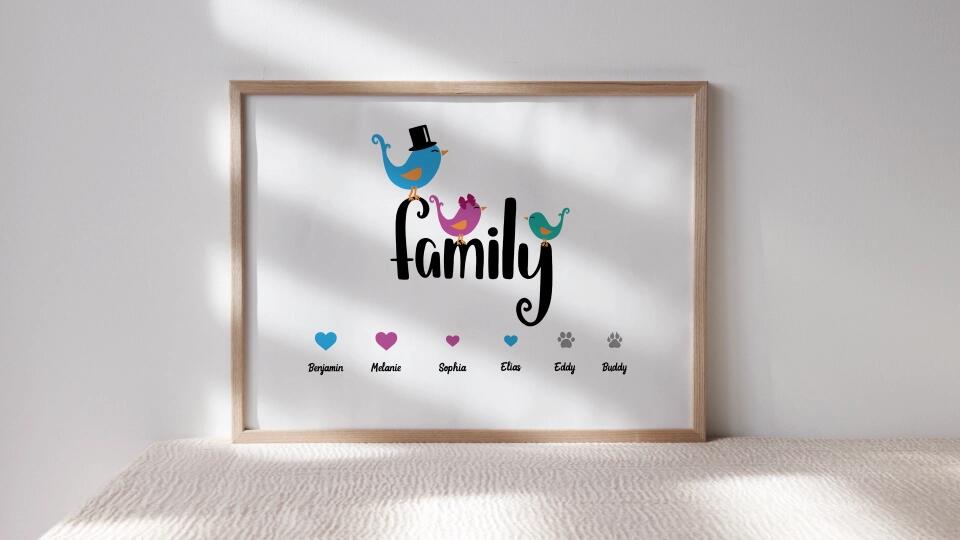 Personalisiertes Familienbild "Family" mit Herz • Mit Namen, Hund & Katze • Geschenk für Familie und Haustierliebhaber
