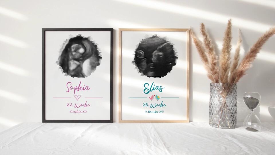 Ultraschallbild personalisiert • Baby Poster mit Foto, Name, Datum und Wunschtext • Geschenk zur Schwangerschaft oder Babyerinnerung