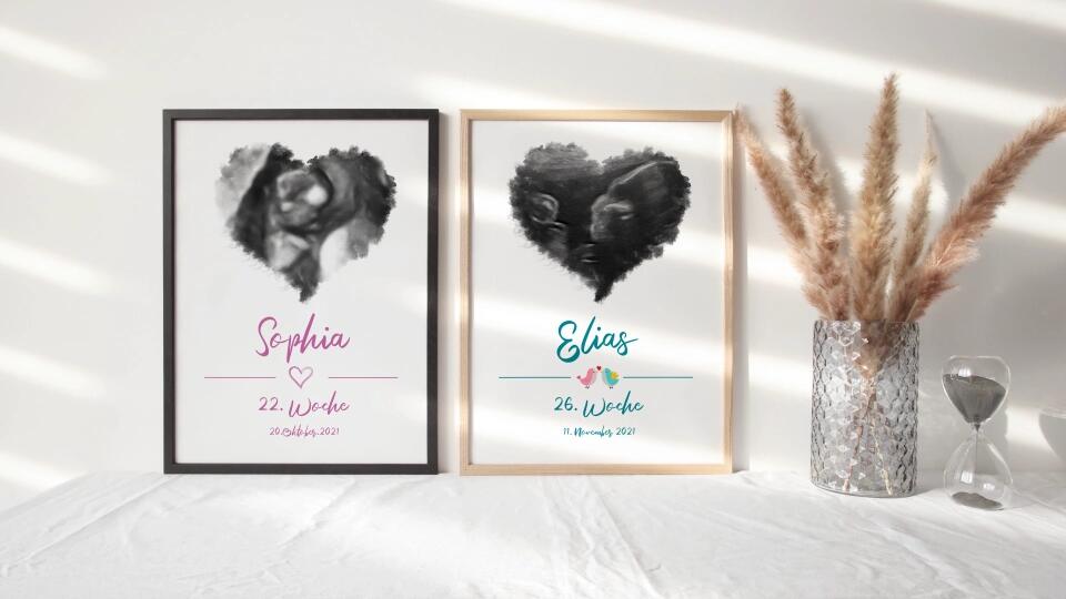 Ultraschall Bild personalisiert • Baby Andenken mit Foto in Herzform • Name und Datum • Geschenk für werdende Eltern