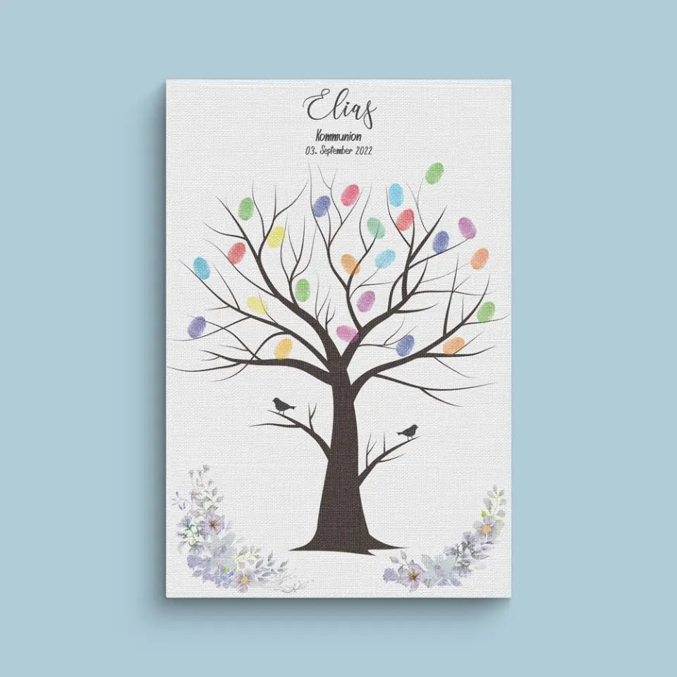 Fingerabdruck Gästebuch Vögel • Personalisiertes Poster zur Kommunion & Konfirmation • Liebevolle Erinnerung für Taufe und Familienfeiern
