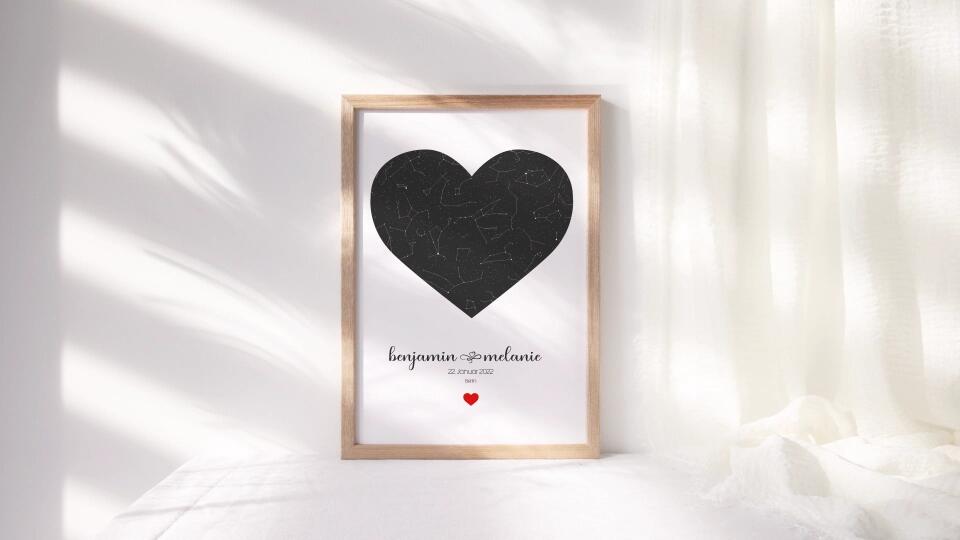 Personalisierter Sternhimmel zur Hochzeit • Sternenkarte in Herzform mit Namen und Datum • Geschenk für Brautpaar & Hochzeitstag