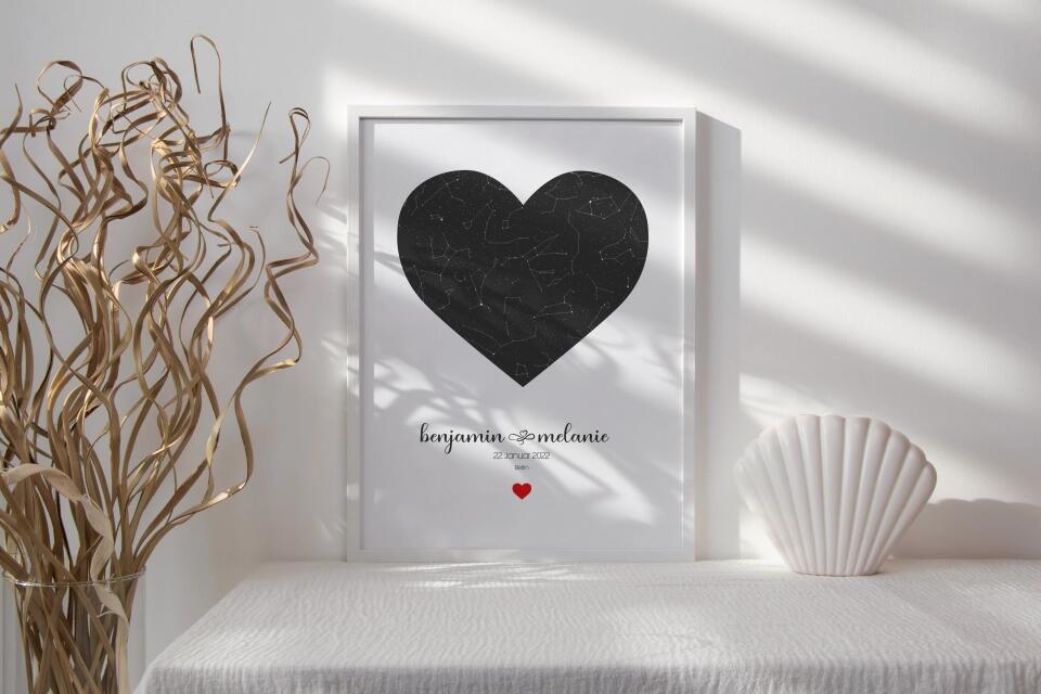Personalisierter Sternhimmel zur Hochzeit • Sternenkarte in Herzform mit Namen und Datum • Geschenk für Brautpaar & Hochzeitstag
