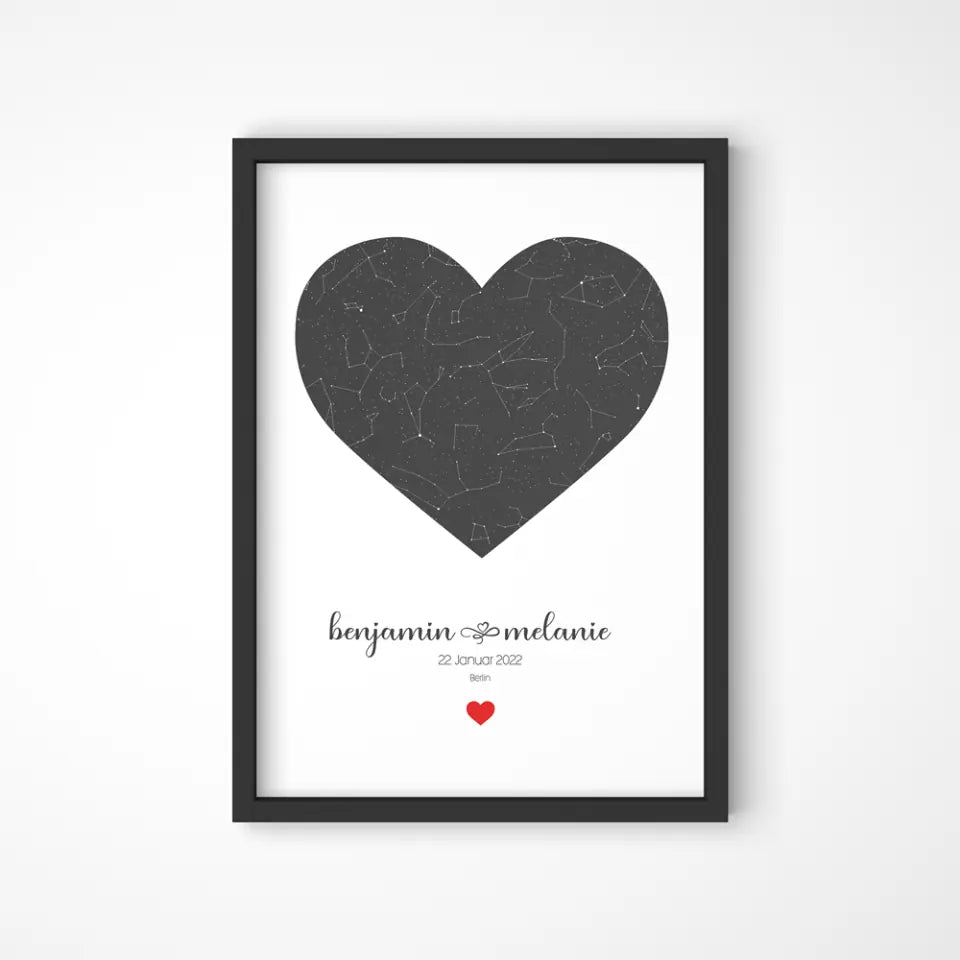 Personalisierter Sternhimmel zur Hochzeit von lovely Art, Herzform Poster mit Namen und Datum, Leinwand