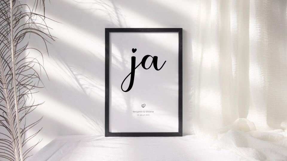 Hochzeitsposter mit Ja Motiv • Personalisiertes Erinnerungsbild mit Namen und Datum • Geschenk zur Trauung oder Hochzeitsdekoration