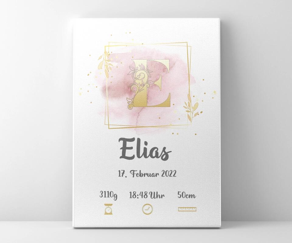 Individuelles Babybild mit Initiale • Name, Datum, Gewicht & Größe • Personalisiertes Geschenk zur Geburt