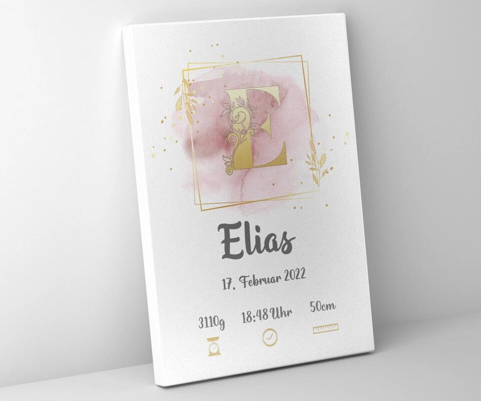 Individuelles Babybild mit Initiale • Name, Datum, Gewicht & Größe • Personalisiertes Geschenk zur Geburt