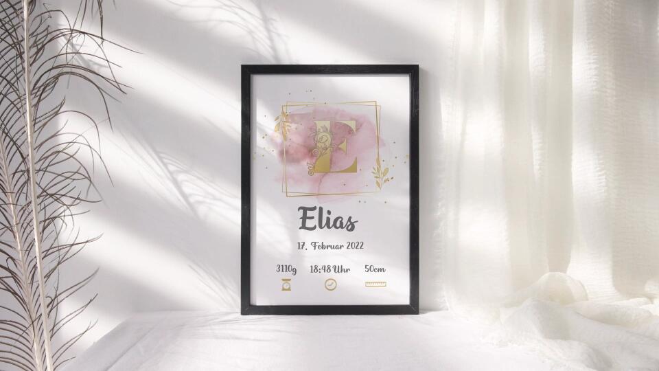 Individuelles Babybild mit Initiale • Name, Datum, Gewicht & Größe • Personalisiertes Geschenk zur Geburt