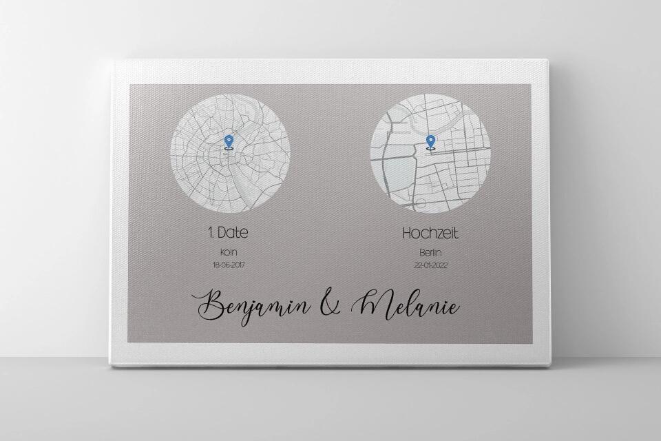 Personalisierte Karten mit zwei Orten • Herzdesign • Geschenk zur Hochzeit oder zum Kennenlernen mit Namen und Datum