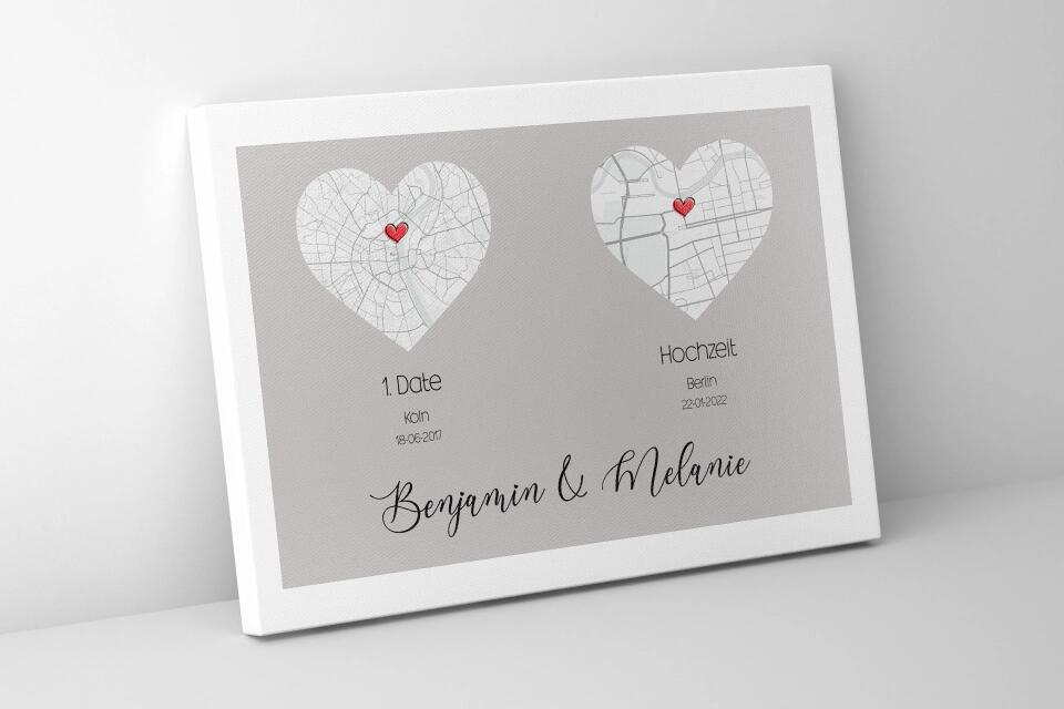 Personalisierte Karten mit zwei Orten • Herzdesign • Geschenk zur Hochzeit oder zum Kennenlernen mit Namen und Datum