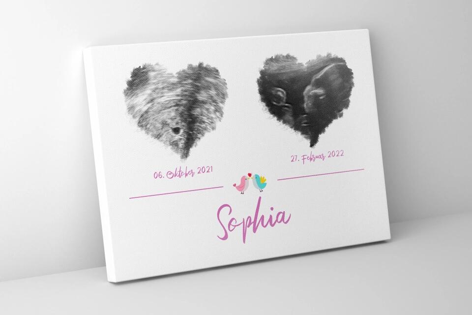 Ultraschall Poster Herz mit 2 Bildern • Personalisiertes Babybild mit Name, Datum • Geschenk zur Schwangerschaft oder Geburt