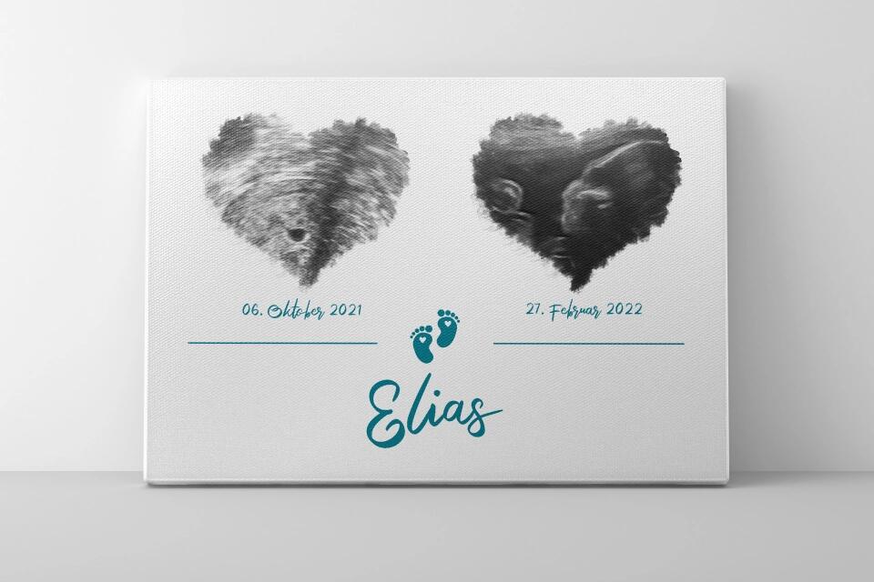 Ultraschall Poster Herz mit 2 Bildern • Personalisiertes Babybild mit Name, Datum • Geschenk zur Schwangerschaft oder Geburt
