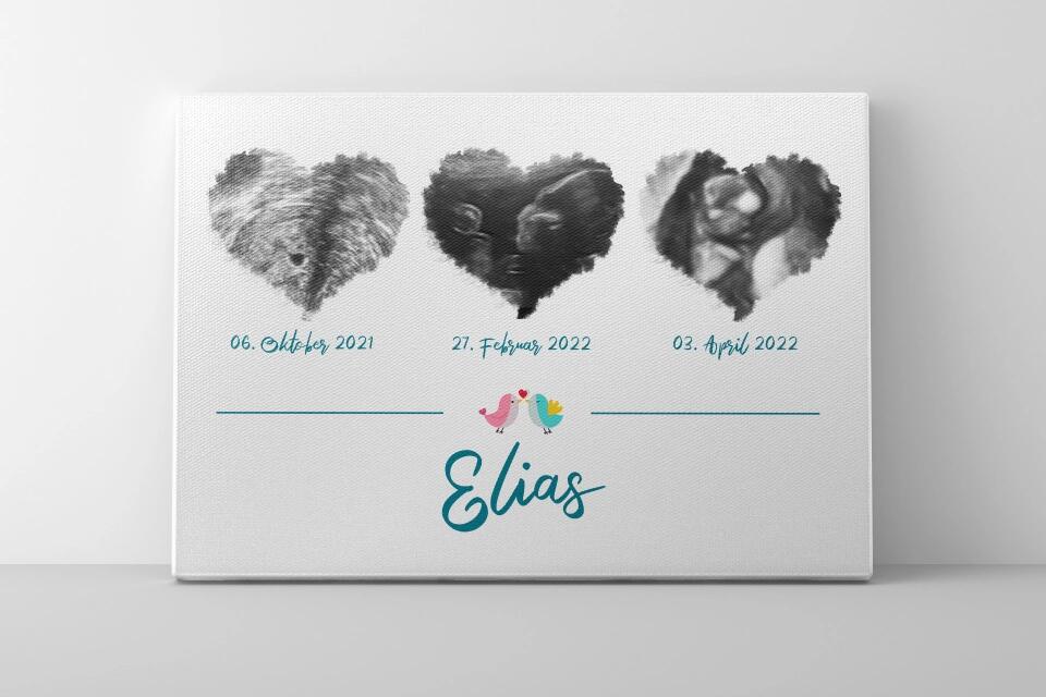 Ultraschallbild Herz mit 3 Bildern personalisiert • Geschenk zur Schwangerschaft • Baby Poster mit Name und Datum als Erinnerung