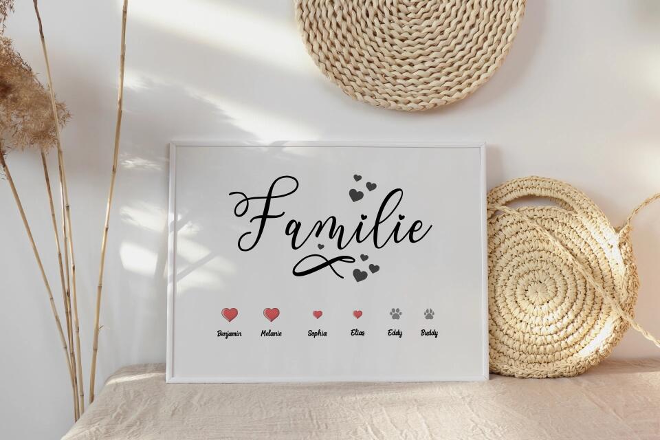Personalisiertes Familienbild mit Herz und Namen • Hund und Katze • Geschenk für Familie • Individuelles Familienposter Haustier