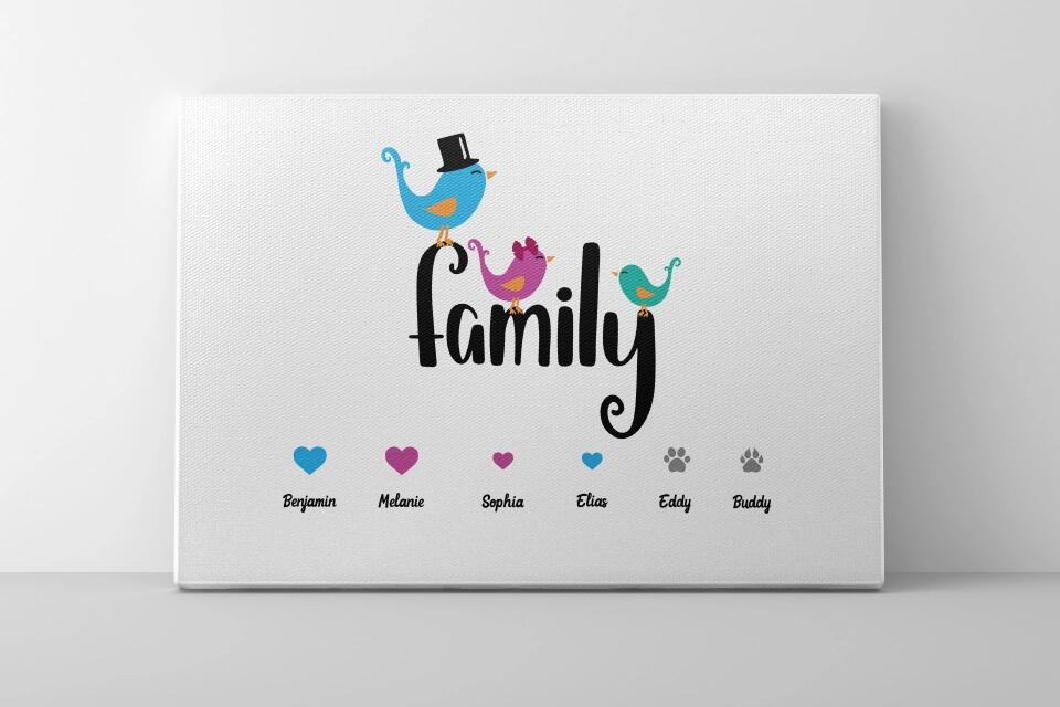 Personalisiertes Familienbild "Family" mit Herz • Mit Namen, Hund & Katze • Geschenk für Familie und Haustierliebhaber