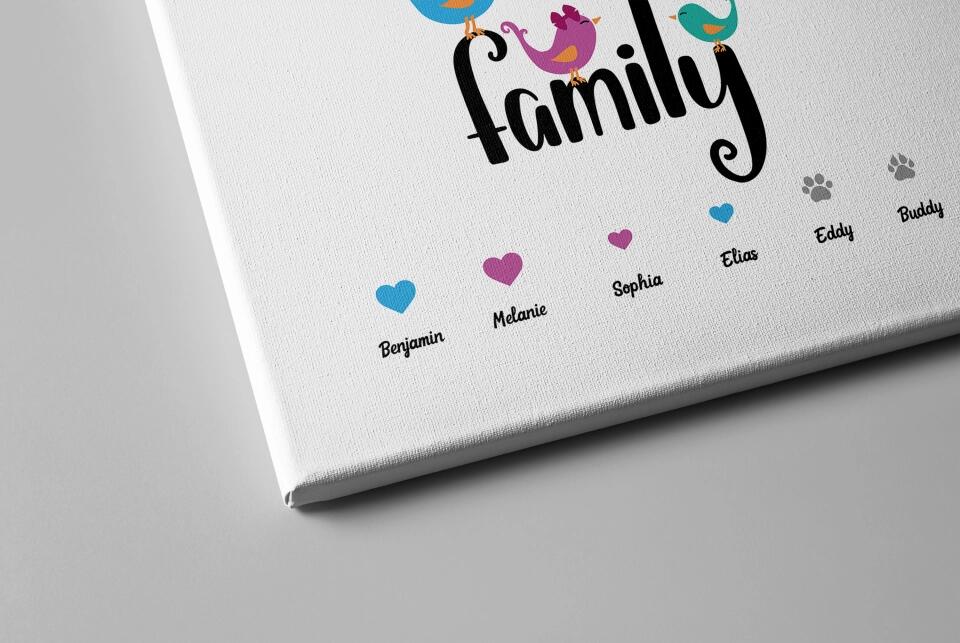Personalisiertes Familienbild "Family" mit Herz • Mit Namen, Hund & Katze • Geschenk für Familie und Haustierliebhaber